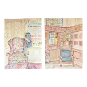 Contemporary Pair of Original Hollywood Regency Interior Watercolor Paintings