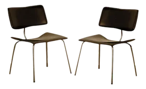 Slender Italian Stitched Leather Lounge Chairs - A Pair