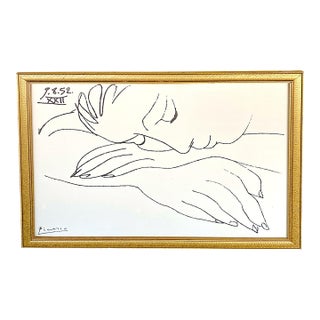 Mid 20th Century Pablo Picasso Lithograph "Sleeping Woman" Large 41.5" Gold Frame Art Decor For Sale