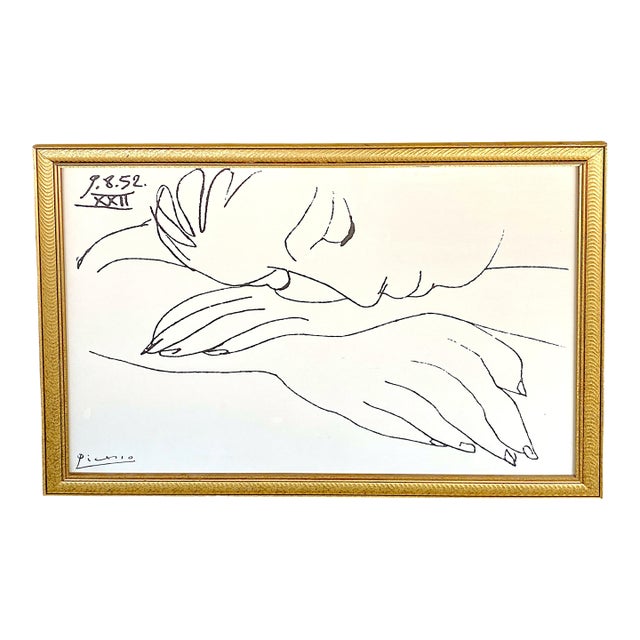 Mid 20th Century Pablo Picasso Lithograph "Sleeping Woman" Large 41.5" Gold Frame Art Decor For Sale