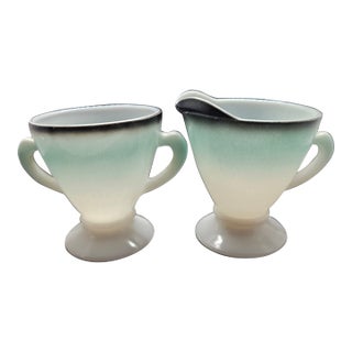 Vintage Hazel Atlas Turquoise Ombre Creamer and Sugar Bowl Set in the Ovide Pattern Made of Platonite Milk Glass For Sale