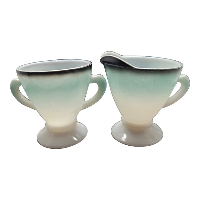 Vintage Hazel Atlas Turquoise Ombre Creamer and Sugar Bowl Set in the Ovide Pattern Made of Platonite Milk Glass For Sale