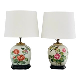 Pair of Chinese Famille Rose Chinoiserie Porcelain Handpainted Ginger Jar Table Lamps, Pink and Green Floral With Birds and Calligraphy For Sale