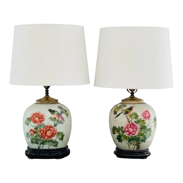 Pair of Chinese Famille Rose Chinoiserie Porcelain Handpainted Ginger Jar Table Lamps, Pink and Green Floral With Birds and Calligraphy For Sale