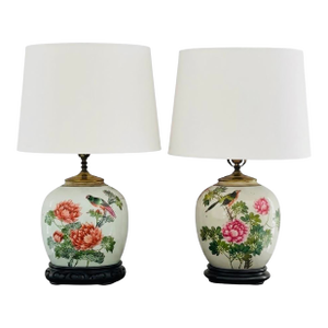Pair of Chinese Famille Rose Chinoiserie Porcelain Handpainted Ginger Jar Table Lamps, Pink and Green Floral With Birds and Calligraphy