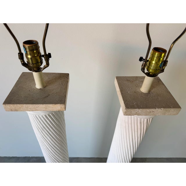 1980s 1980s Vintage Faux Pencil Reed Plaster Floor Lamps With Coral Stone Base – Pair For Sale - Image 5 of 12