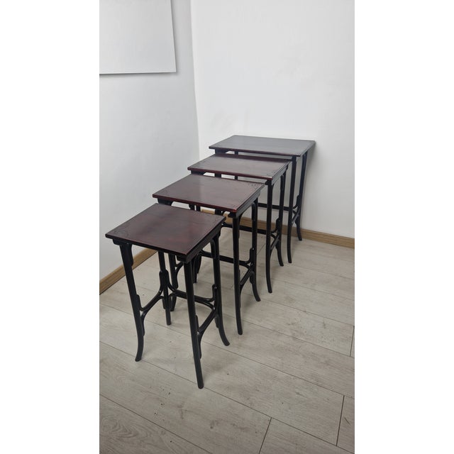 Four 1920s-Style Wooden Nesting Tables with Thonet Label Decorations, Set of 4 For Sale - Image 18 of 18