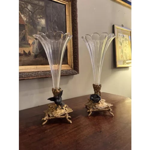 French Antique Pair of Gilt Bronze and Baccarat Crystal French Cornucopia Vases For Sale - Image 3 of 11