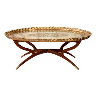 1960s Mid-Century Etched Brass & Wood Oval Tray Coffee Table For Sale