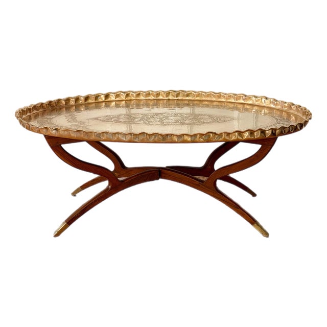 1960s Mid-Century Etched Brass & Wood Oval Tray Coffee Table For Sale