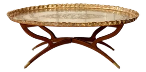 1960s Mid-Century Etched Brass & Wood Oval Tray Coffee Table