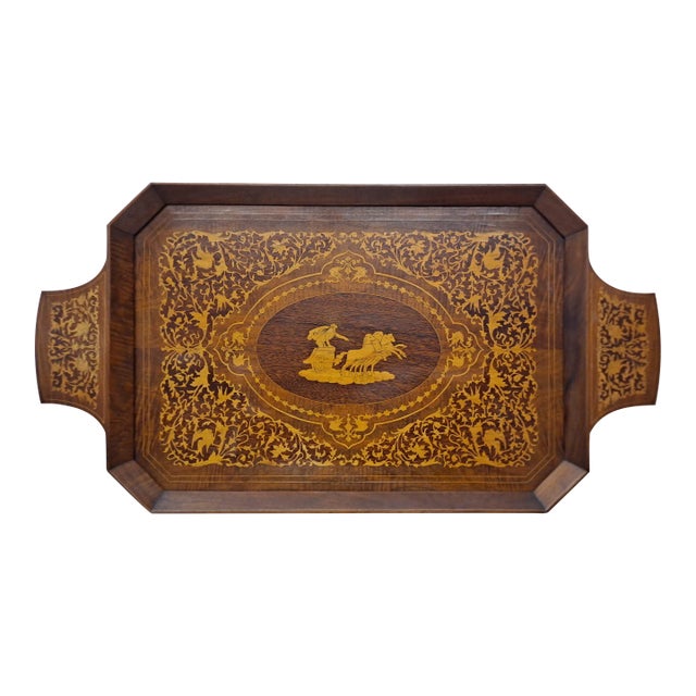 Vintage Italian Wood Inlay Tray W/Music Box For Sale