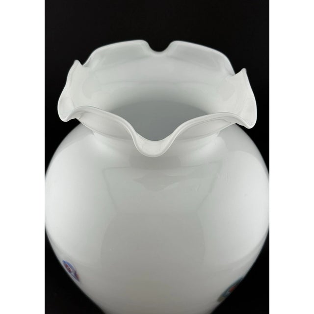 Mid-Century Modern Vintage Murano STyle Millefiori Lavorazione White Glass Vase For Sale - Image 3 of 5