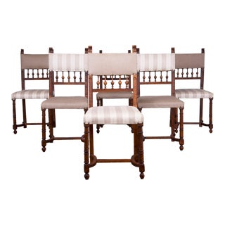 Antique French Renaissance Henry II Style Walnut Dining Chairs W/ Linen Fabric - Set of 6 For Sale