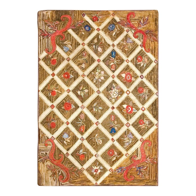 1870s Brown Diamond Folk Art Antique American Hooked Rug 5'0" X 7'3" Woven Wool Carpet For Sale
