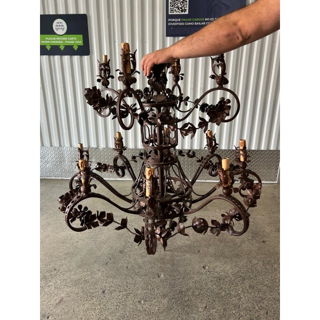 Mediterranean Late 20th Century Large Wrought Iron Chandelier With Leaves For Sale - Image 3 of 10