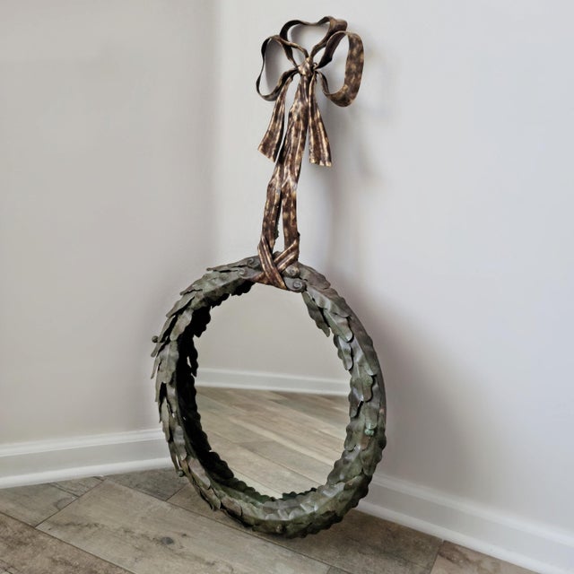 Regency LaBarge Italian Patinated Tole Wreath Bow Metal Wall Mirror For Sale - Image 10 of 14