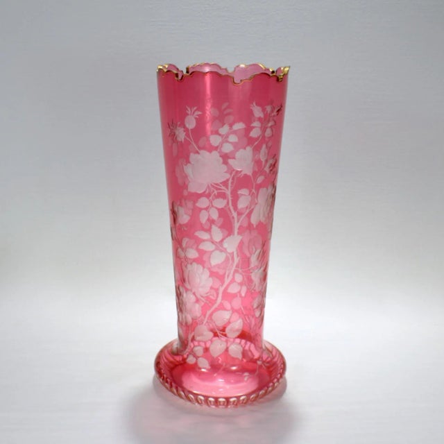 Antique Bohemian Cranberry Overlay Cut to Clear Glass Vase With Roses For Sale - Image 4 of 13