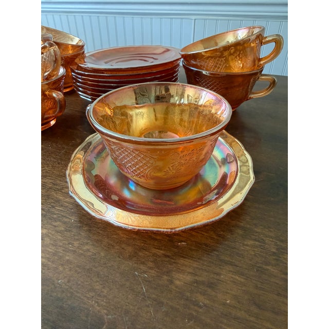 Federal Glass Normandie Bouquet Lattice Iridescent Depression Glassware Set - Set of 15 For Sale - Image 6 of 12