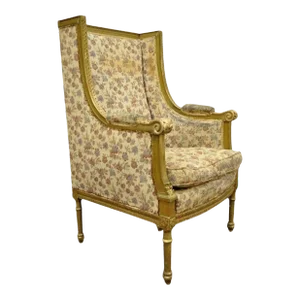 19th Century Antique French Louis XVI Victorian Gold Gilt Wood Wingback Bergere Armchair