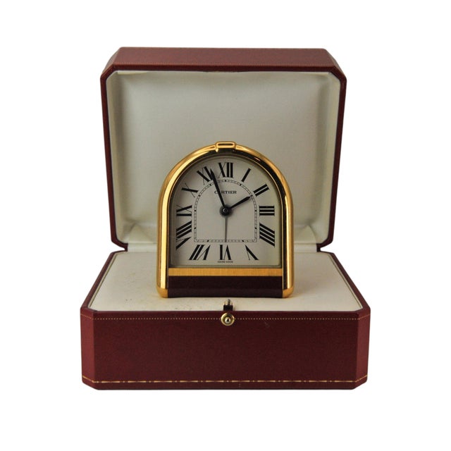 18CT Gold Plated Cased Romane Pendulette Quartz Alarm Clock by Cartier, Paris, 1980s For Sale - Image 4 of 13