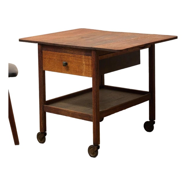 Vintage Oak Rolling Side Table Cart With Drawer and Lower Shelf For Sale
