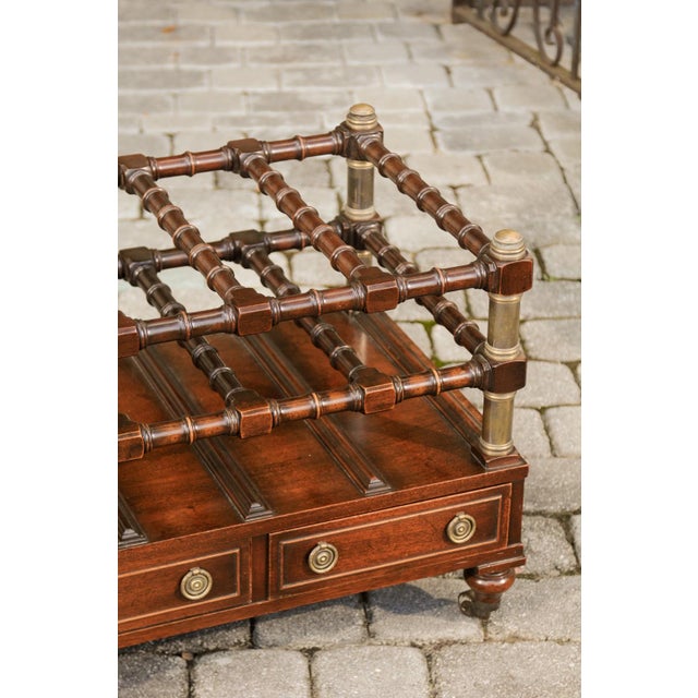 Wood English 1940s Mahogany Magazine Rack on Casters with Faux Bamboo Accents For Sale - Image 7 of 12
