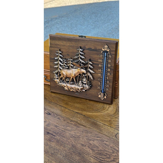 Burnt Umber Vintage Rustic Moose Wall Thermometer on Wood Plaque – Cabin Lodge Decor For Sale - Image 8 of 12