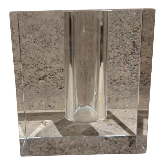 For your consideration, a modernist crystal block bud vase, highly recognizable by its thick, clear rectangular frame and...