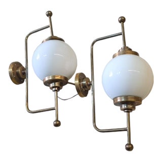 Vintage Art Deco Light Old Lamp Wall Sconces Fixture Brass & Milk Glass Shade Ship Light - a Pair For Sale
