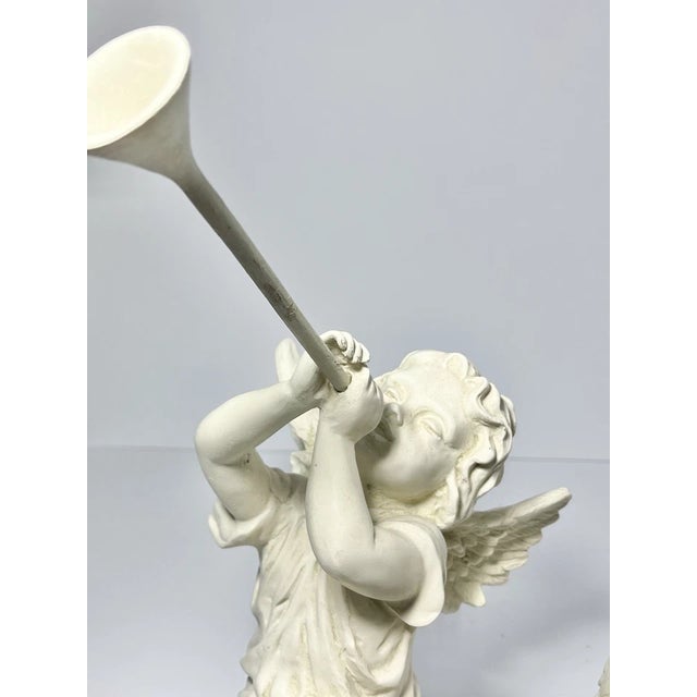 1990s Vintage Pair of Resin Stone Sitting Shelf Cherub Angel Herald Figurines For Sale - Image 5 of 9