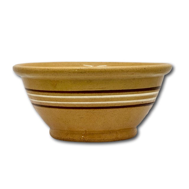 American Nice Antique Thick & Heavy 9.25 Inch Brown & White Banded Yellow Ware Kitchen Batter Mixing Bowl Late 1800s For Sale - Image 3 of 14