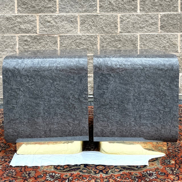 Gray 1980s Postmodern Waterfall Laminate & Brass 2 Drawer Nightstands in Gray Burlwood Print - A Pair For Sale - Image 8 of 18