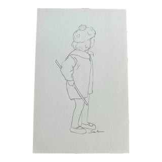 “Girl With a Stick” Signed Original Pencil Drawing by Nancy Smith For Sale