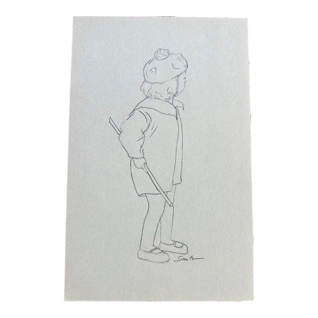 “Girl With a Stick” Signed Original Pencil Drawing by Nancy Smith For Sale