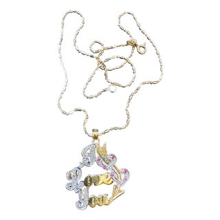 Vintage I Love You Pendant with Ruby in 14 K Yellow Gold Chain, 16" Long, 5.8gm For Sale