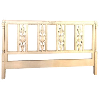Paint Decorated Designer Swedish Style King Size Carved Bed Headboard For Sale