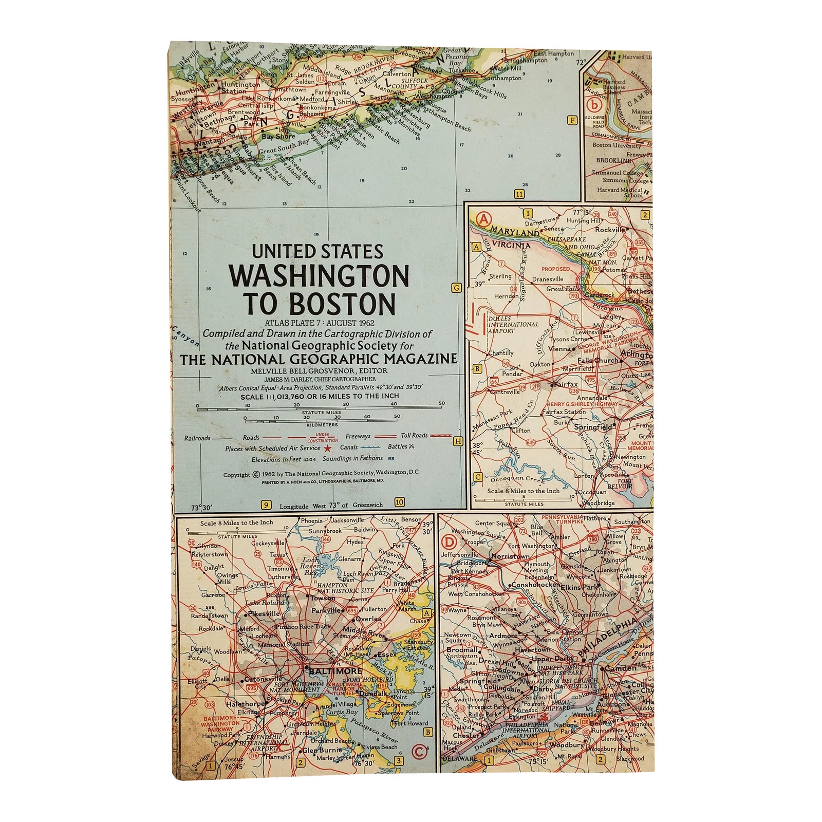 1962 Washington DC to Boston Region National Geographic Map | Chairish
