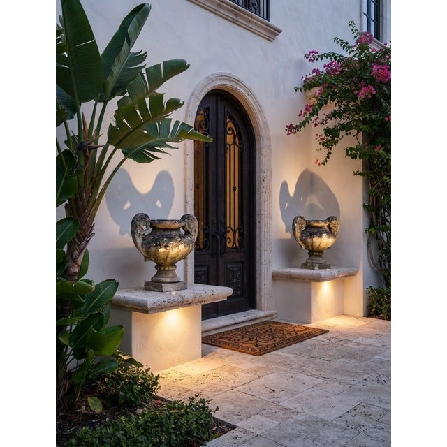 Pair of Vintage Weathered Cast Stone Classical Garden Urns With Scroll Handles For Sale - Image 11 of 12
