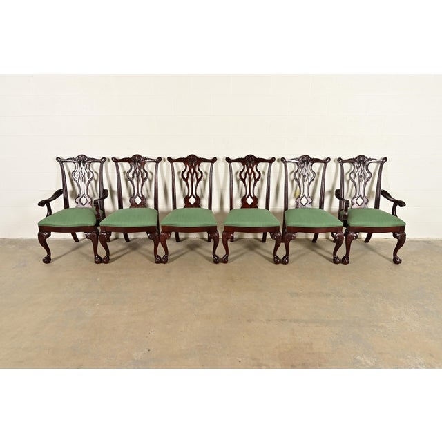 An outstanding set of six Chippendale or Georgian style dining chairs By Thomasville USA, Circa 1980s Carved solid...