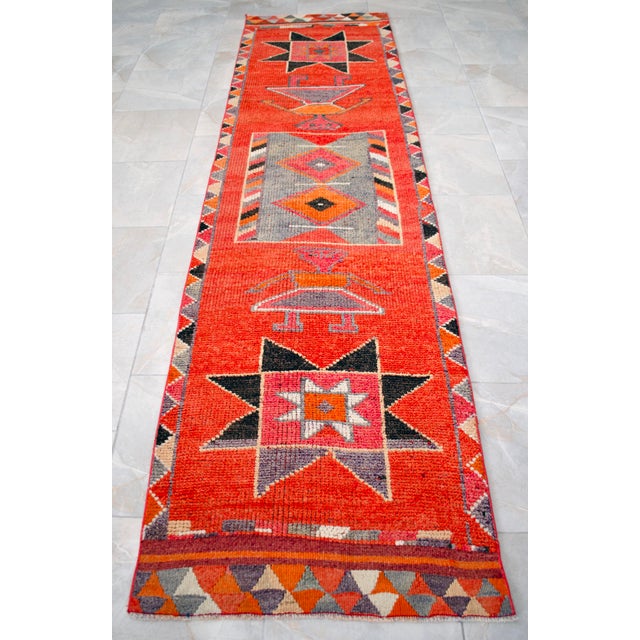 Textile 3x10 Ft Vintage Hand-Knotted Tribal Hallway Decor Ancient Alien Motif Rug for Hallway Kitchen Decor Turkish Rug Runner For Sale - Image 7 of 15