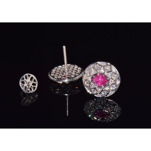 Certified Natural 1.6cts vs F Diamond Ruby 18k Solid Gold Geometric Disc Earrings, A Pair For Sale - Image 4 of 13