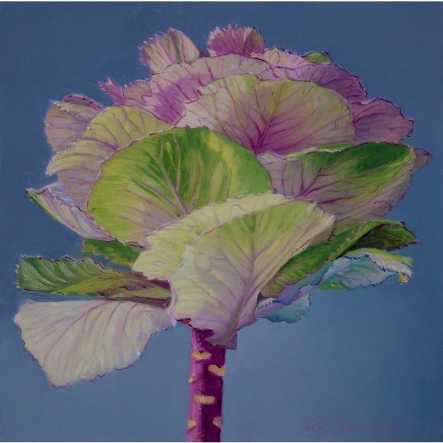This artwork features a striking depiction of a flowering plant, showcasing vibrant greens and soft purples against a...