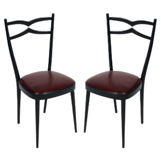 Set of Black Lacquered Walnut & Leatherette Side Chairs, 1940s For Sale