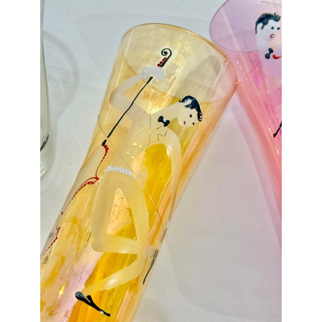 Pink 1940s Italian Intaglio Etched & Enameled Luster Glass “Orchestra” Champagnes, Bohemian - Set of 6 For Sale - Image 8 of 12