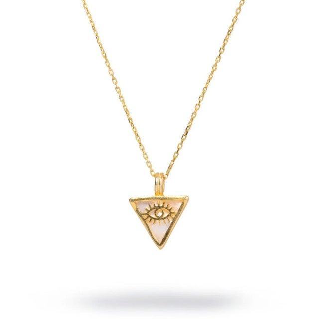 Pearl & Gold Triangle Pendant Evil Eye Talisman Necklace For Sale - Image 11 of 11