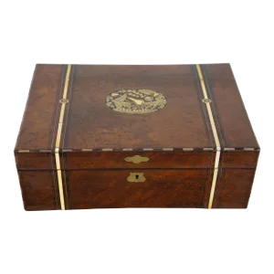 Mid 20th Century Antique English Victorian Walnut Burl Inlaid Campaign Box