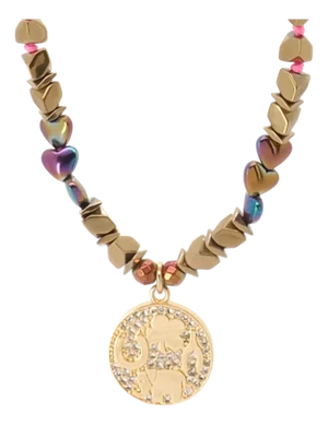 Good Luck Symbol Design Pendant Hematite Beaded Necklace