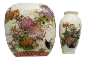 Vintage Japanese Peacock and Floral Handpainted Porcelain Vases - Set of 2