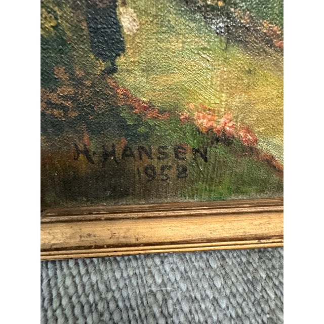 Circa 1958 H. Hansen "Picnic in Meadow" Original Painting, Framed For Sale - Image 4 of 12